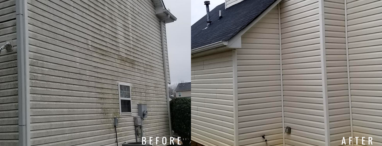 Split view showing cream-colored vinyl siding before and after a professional cleaning, removing dirt and discoloration.