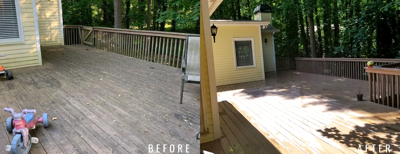 Split view of a wooden deck before and after cleaning, showing a noticeable removal of dirt and weathering.