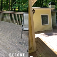 A split-screen comparison of a wooden deck before and after pressure washing, showing a weathered surface vs. a clean one.