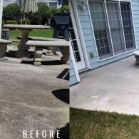 A split-screen comparison of a patio before and after cleaning, showing the removal of grime and dark surface stains.