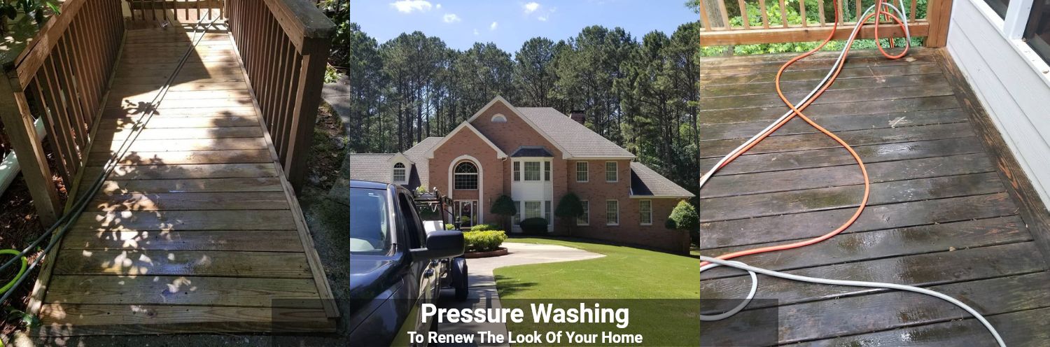 A collage showing a wooden bridge, a brick house, and a deck being cleaned, promoting professional pressure washing.