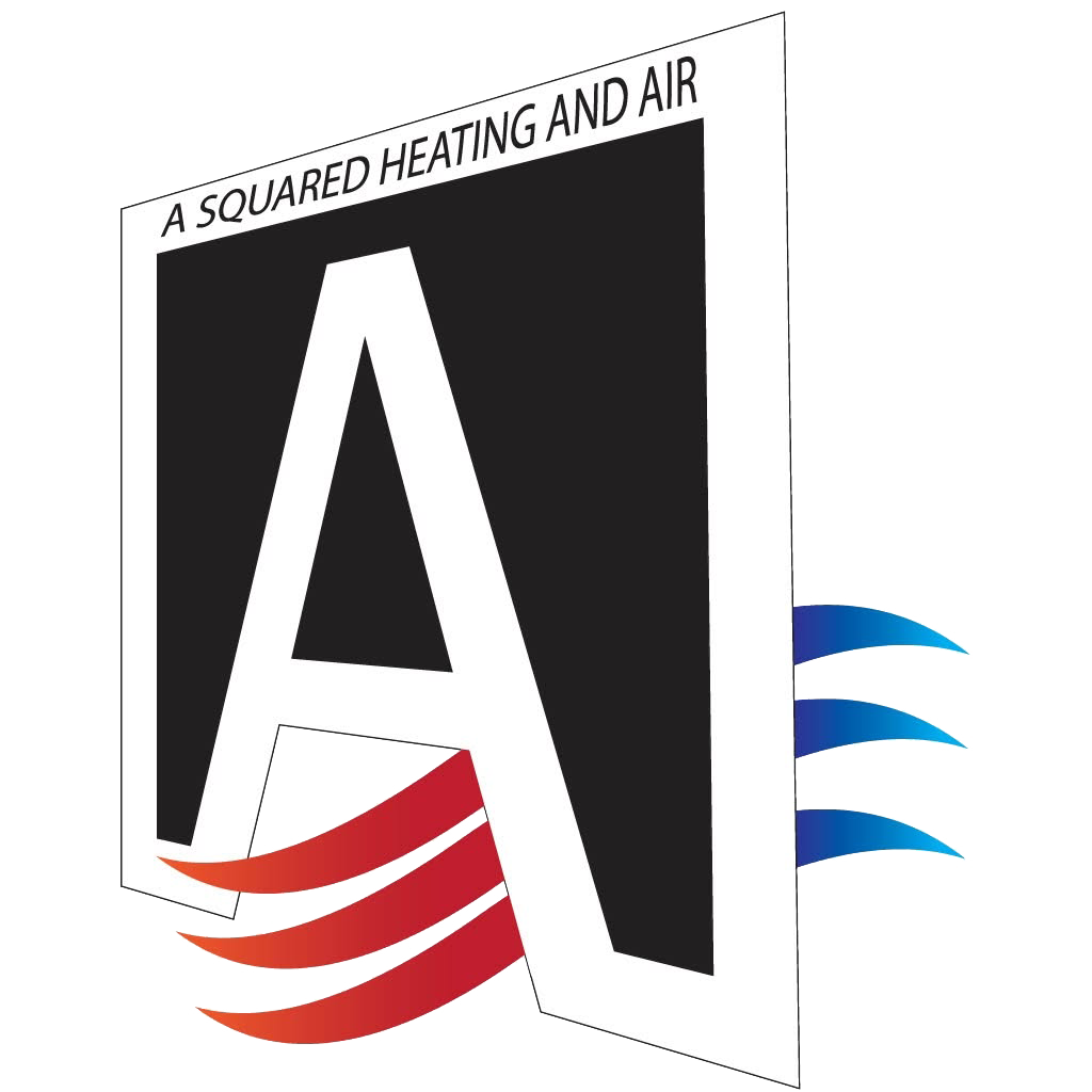 Logo for A Squared Heating and Air with a large black-and-white “A” and red and blue wave accents