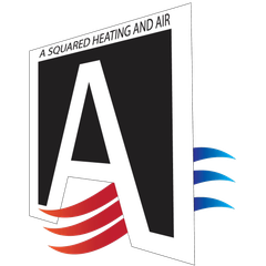 Logo for A Squared Heating and Air with a large black-and-white “A” and red and blue wave accents