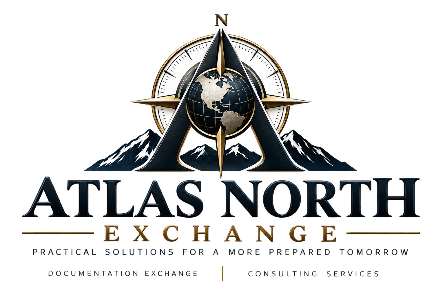 Atlas North Exchange compass, globe, and mountain logo