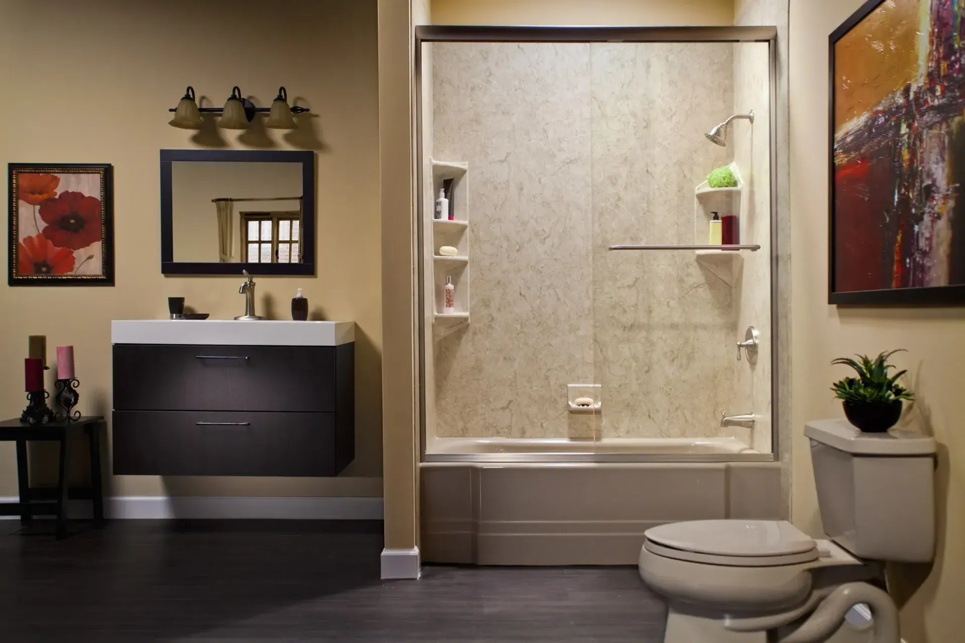 A tan bathroom with lightly textured shower and tub.