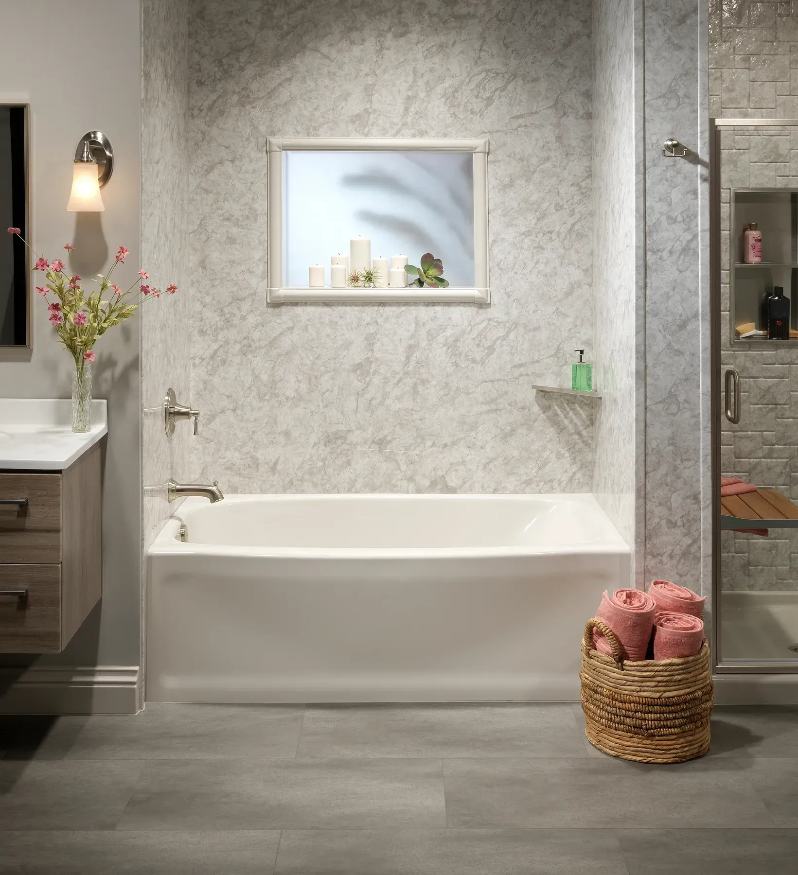 A lightly textured shower with built in window
