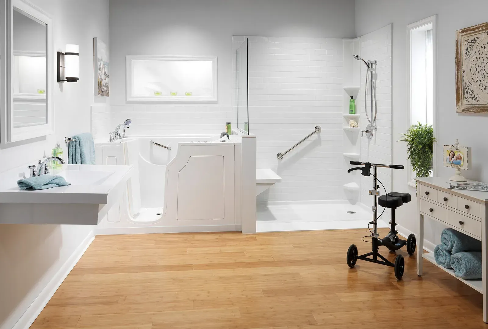 A white bathroom with hardwood floor that has a walk-in bathtub and white shower with a seat.