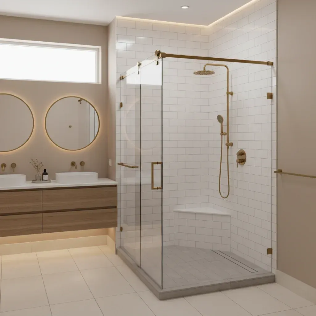 A bathroom with two sinks and vanities next to a tiled white shower with brass hardware.