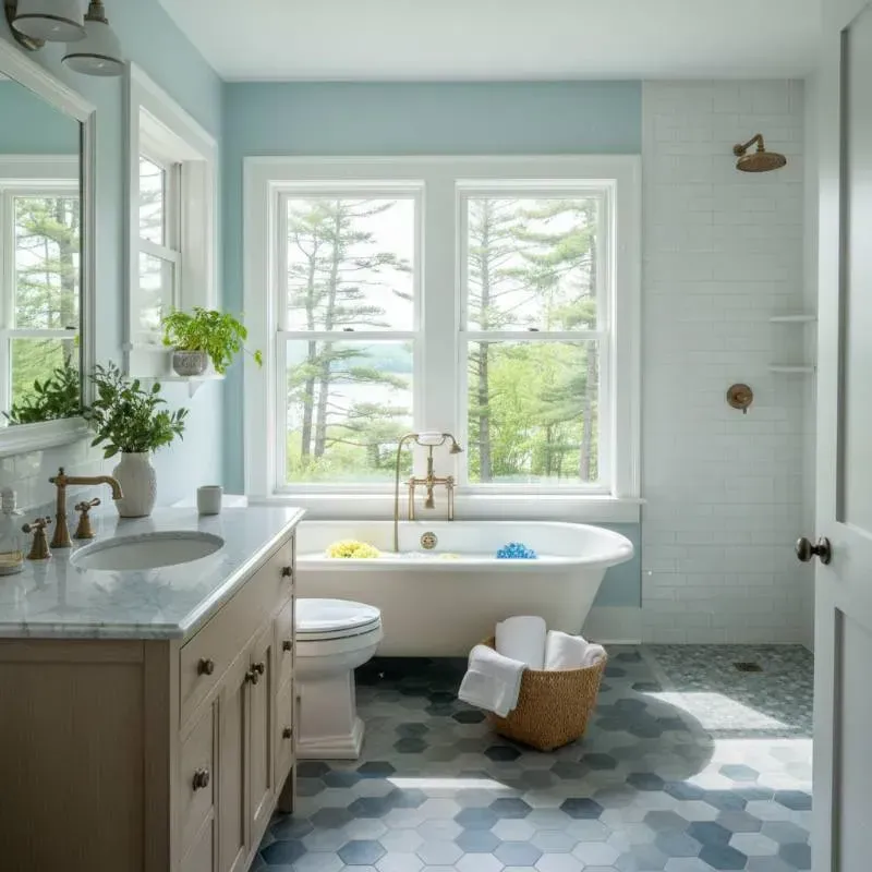 A well-lit bathroom with a standalone white bathtub and shower next to it.