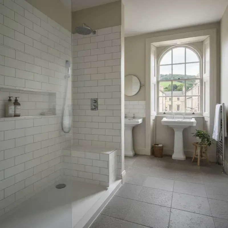 A white tiled shower with a