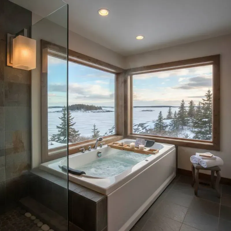 A standalone bathtub next to two large windows overlooking a wintery scene on a lake.