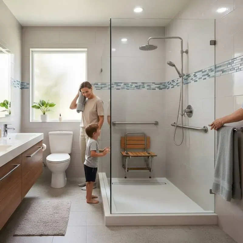 A woman and child in a bathroom next to a shower with foldable seating.