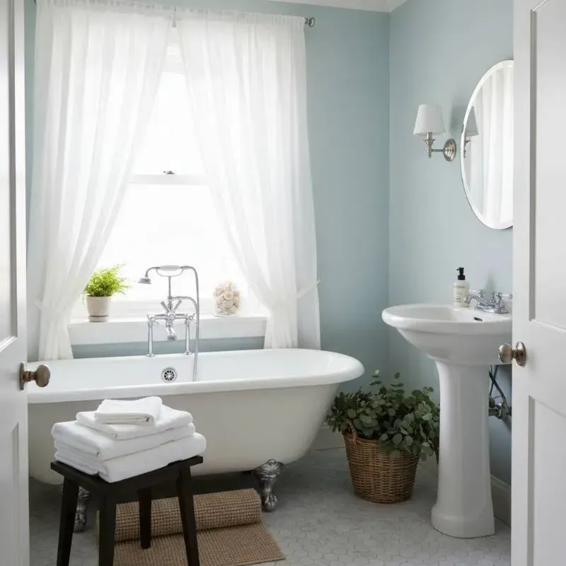 A light blue bathroom with white sink and tub next to a window with light white curtains.