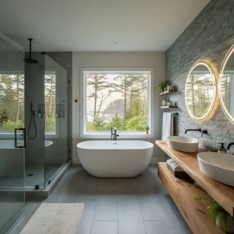 A bathroom with two vanities and sinks with a standalone bathtub underneath a window with forest outside.