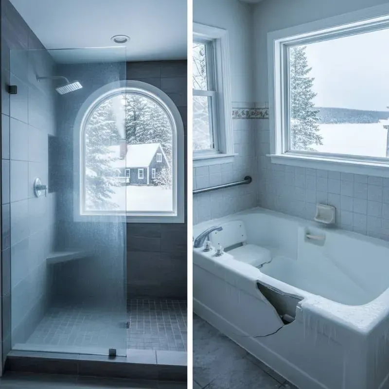 A split wintery image of a bathroom on the left and a damaged bathtub on the right.
