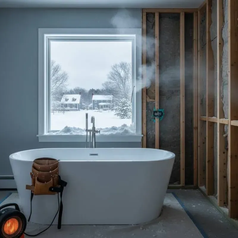 A frosty bathroom that is under construction, with a snowy environment outside.