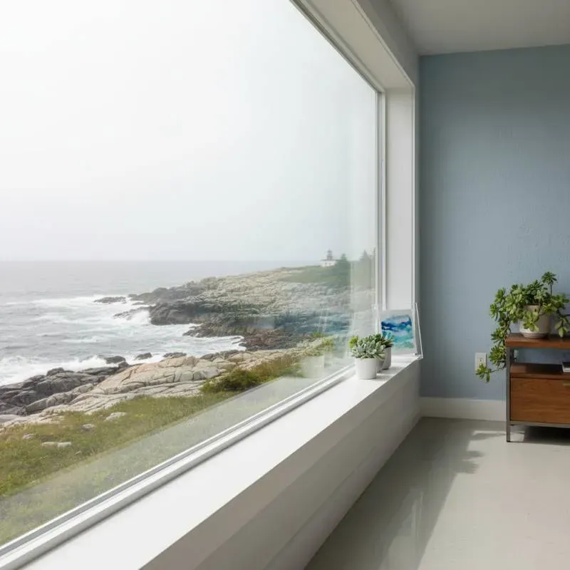 A bathroom with large window overlooking a rocky coastline.