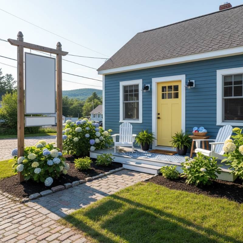 A blue cabin with yellow front door.