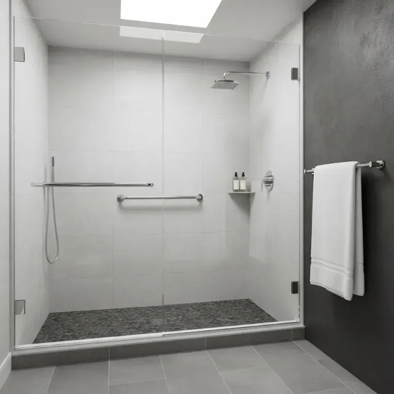 A large white shower with silver hardware and grab bars.
