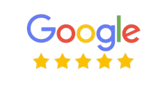 Google logo above five yellow stars on a white background