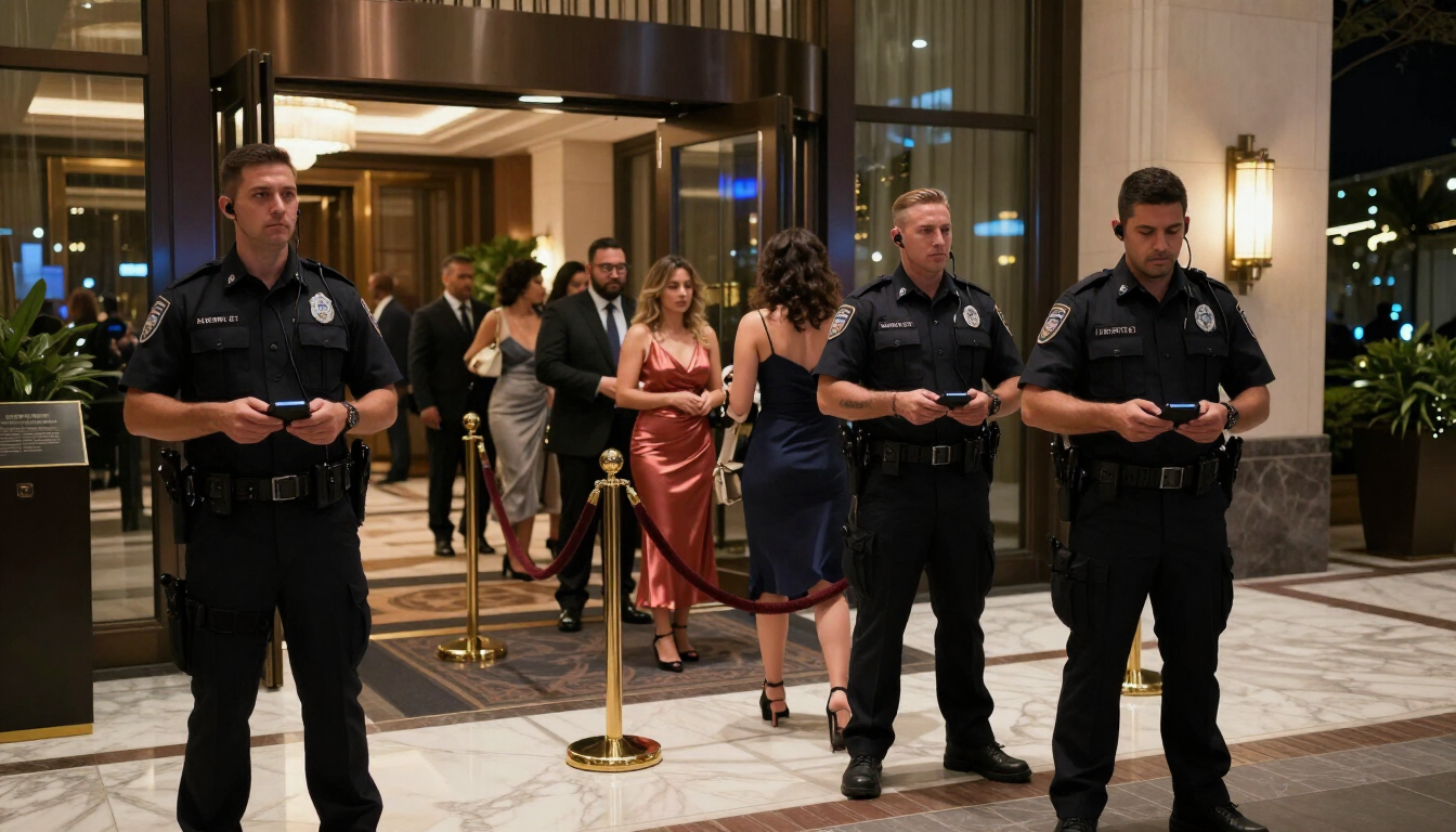 Four security guards stand at a hotel entrance as guests walk through the lobby.
