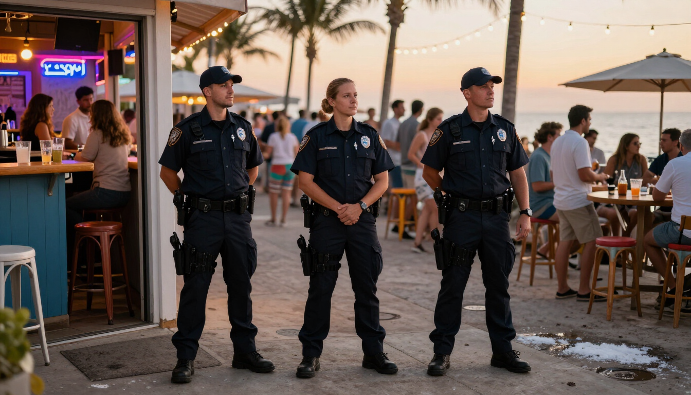Three police officers stand outside a beachside bar at sunset, with diners seated nearby.