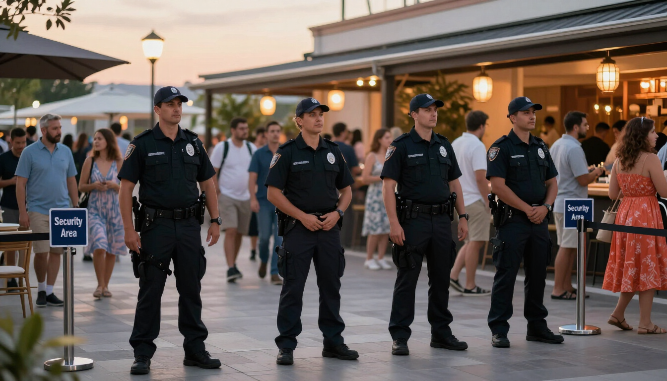 Police officers stand in a row at an outdoor shopping plaza as people walk behind them.