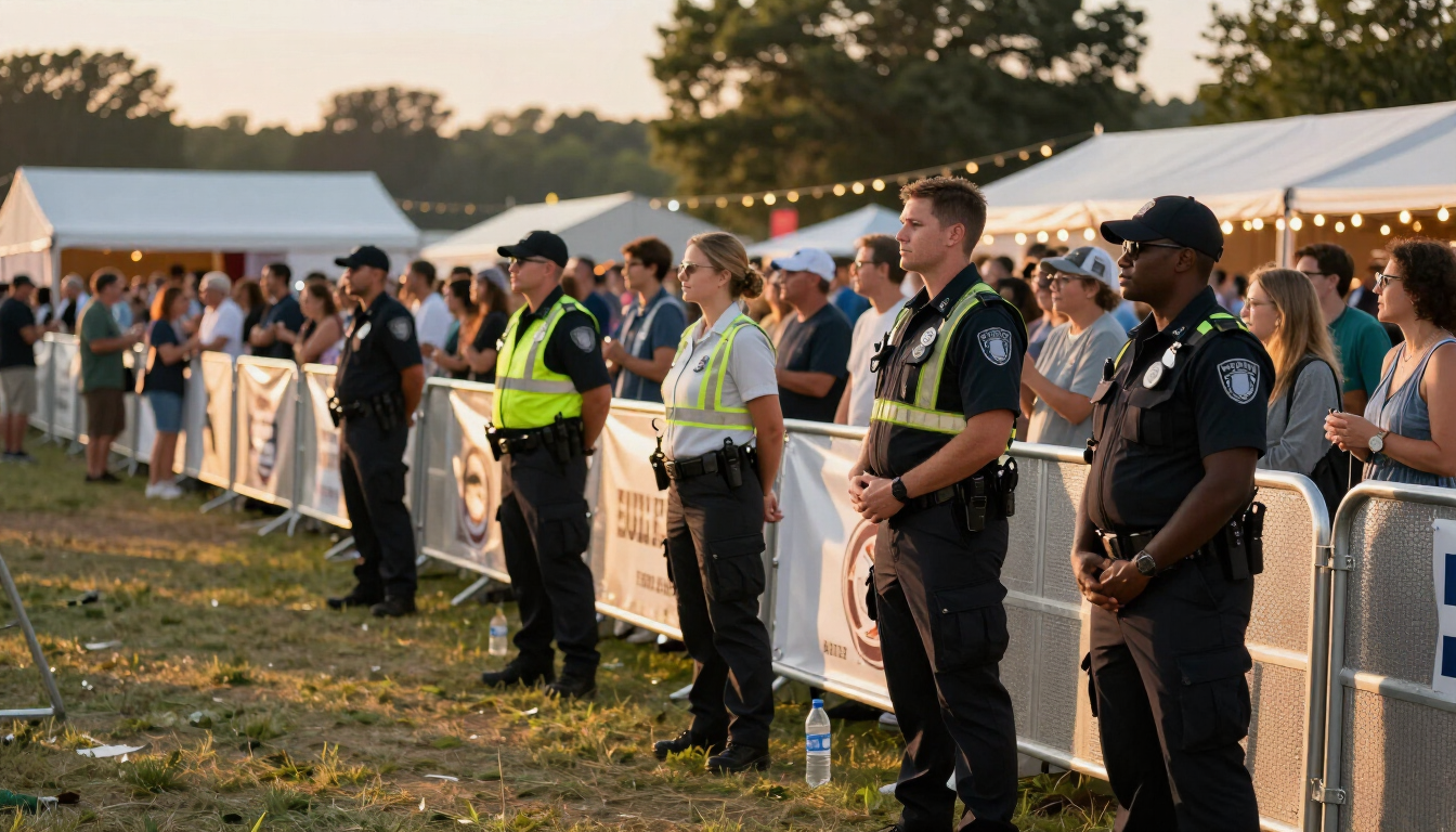 People standing behind a barrier at an outdoor event, with security staff in front at sunset