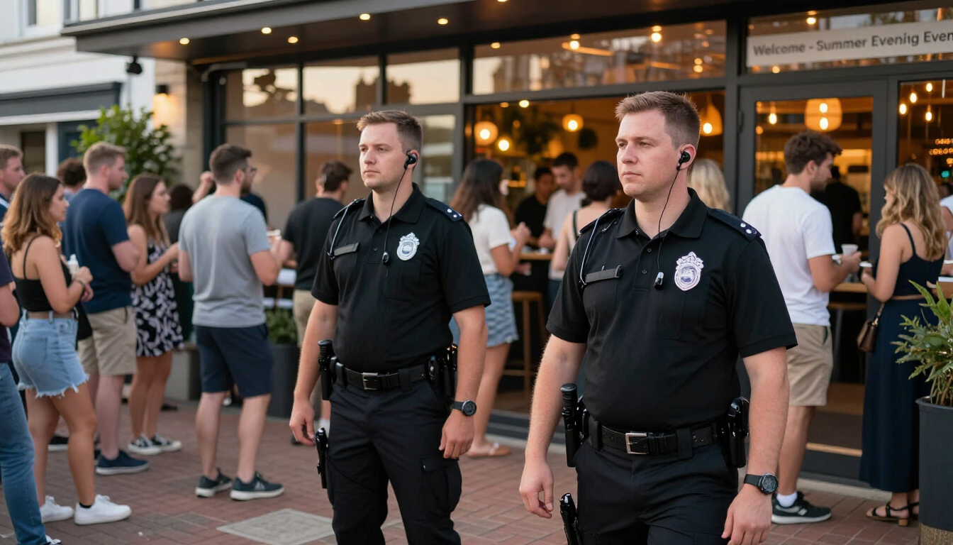 Two security guards in black uniforms stand outside a busy restaurant at dusk