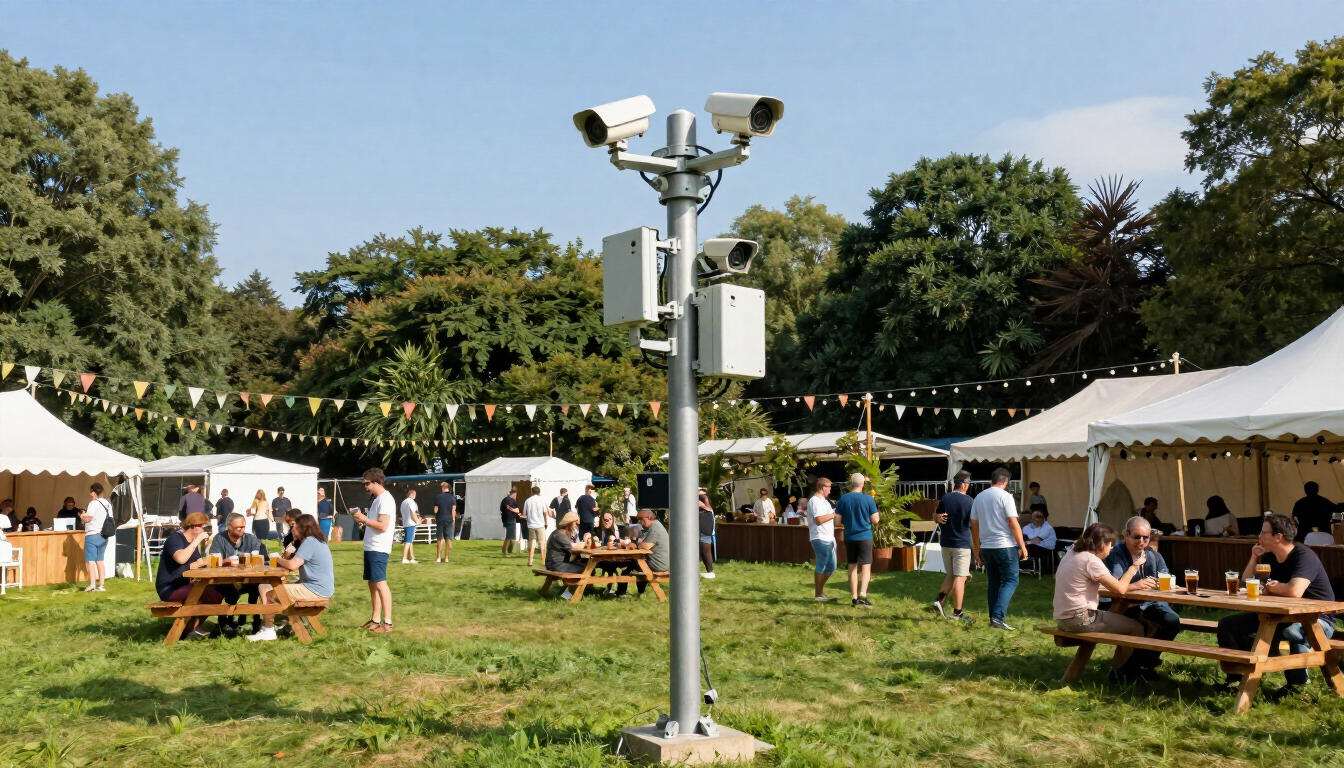 Outdoor festival with white tents, picnic tables, and a central security camera pole on a grassy lawn.
