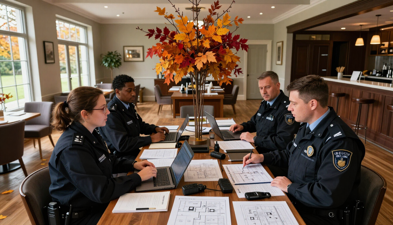 Four police officers meeting around a table with laptops and papers in a bright office, fall decor centerpiece.
