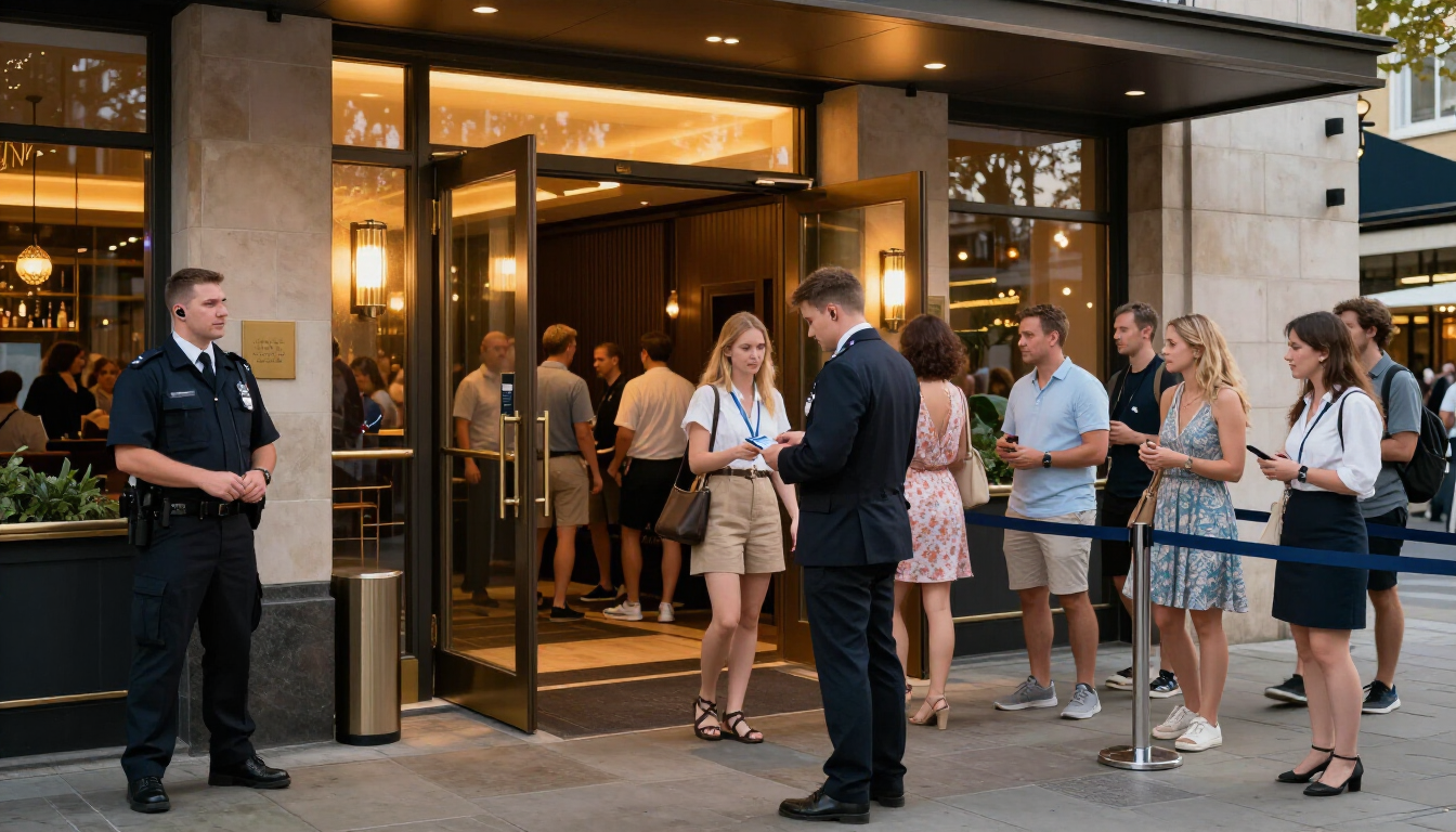 People gathered outside a building entrance with staff standing nearby in a lit evening setting