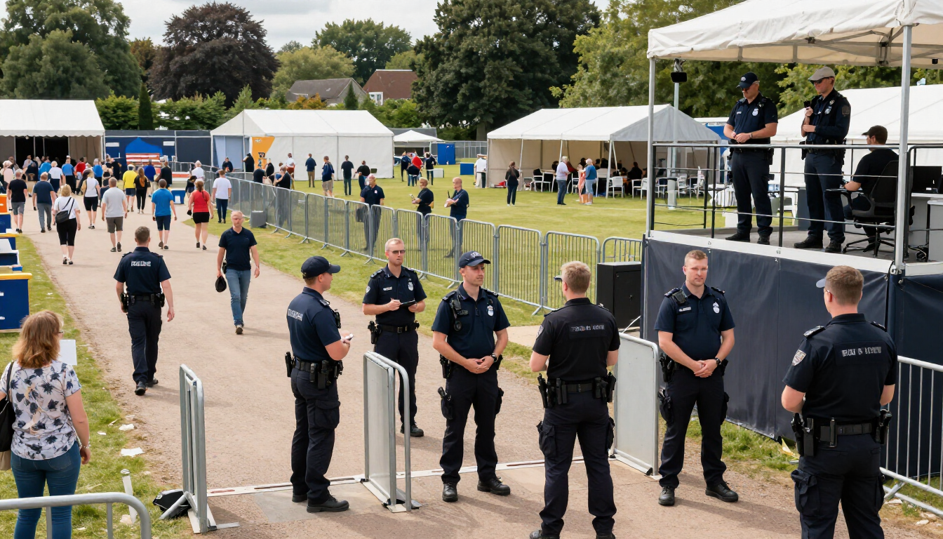 Security staff stand near barriers at an outdoor event, with tents and people in the background.