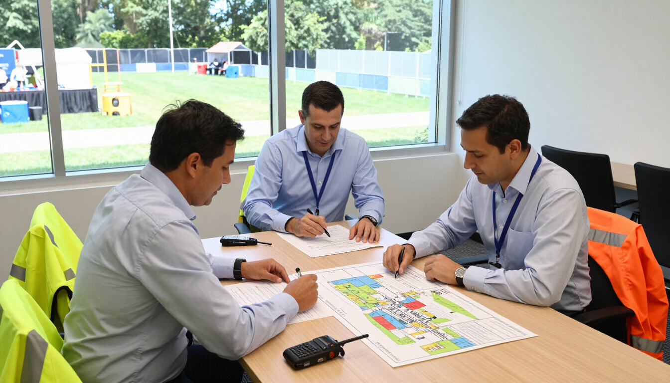 Three coworkers in shirts review plans at a table in a bright office with safety vest draped on a chair.