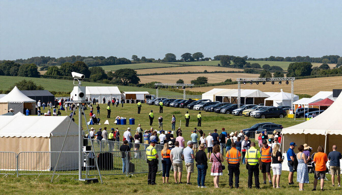 Crowd gathered on a grassy field at an outdoor fair with tents, cars, and rolling hills in the background