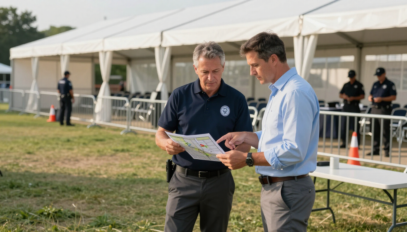 Two men study a map outdoors beside a white event tent.