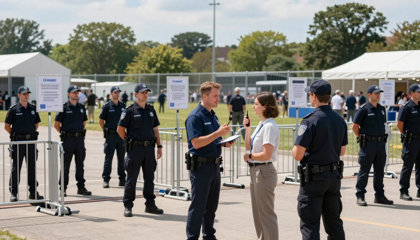Police officers stand in a line at an outdoor checkpoint while a man and woman speak in the foreground.