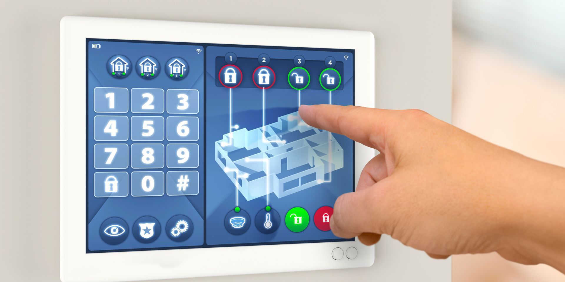 Person's finger touching a touch screen home security panel.