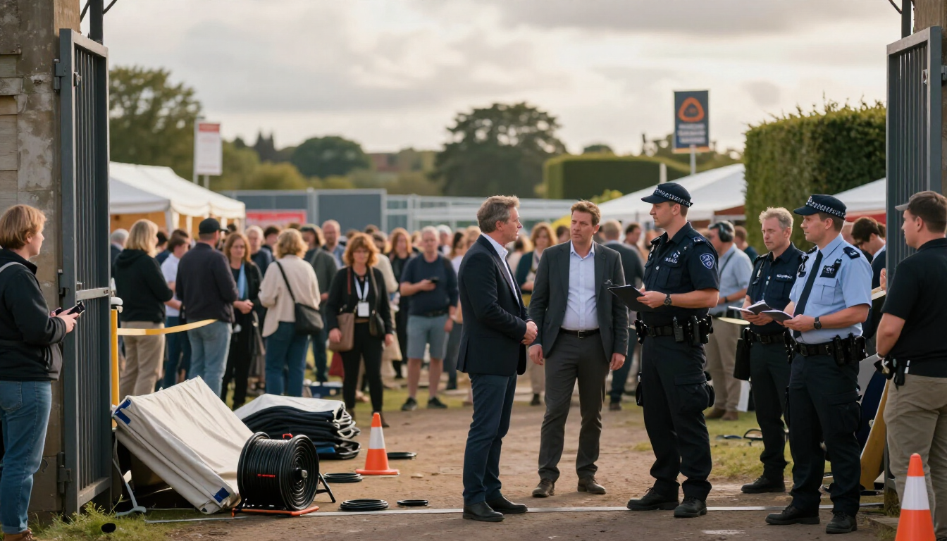 Police officers and men in suits stand among a crowd outside a building, with cones and barriers nearby.