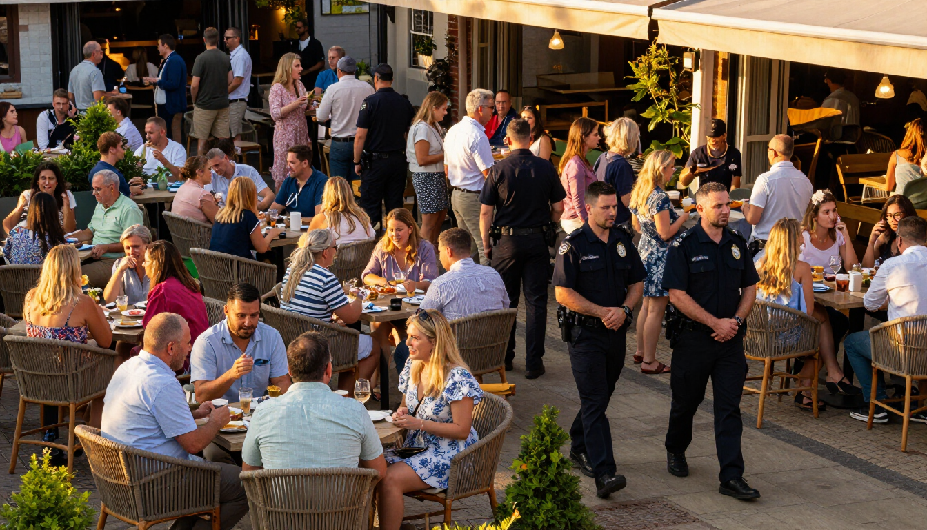 Crowded outdoor café with people dining and two uniformed officers walking through the patio