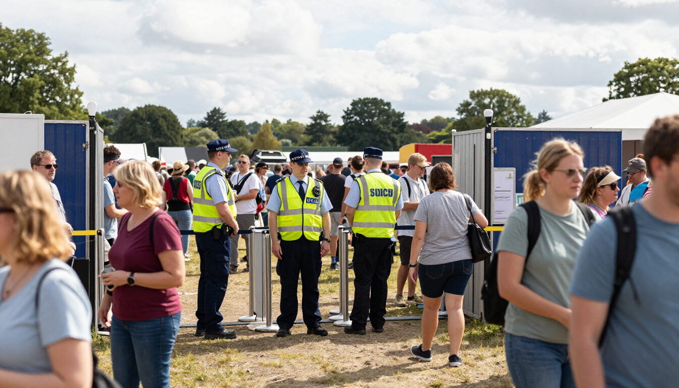 People in high-visibility vests and others gathered outdoors near blue trailers on a sunny day