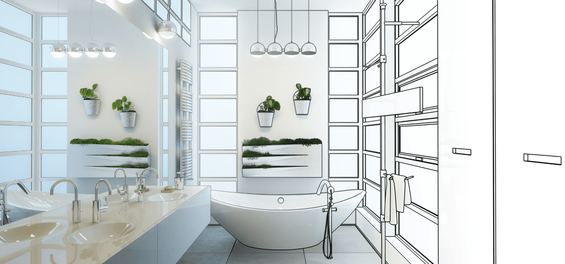 Bathroom layout plan partially brought to life, with the other half still remaining as a drawing