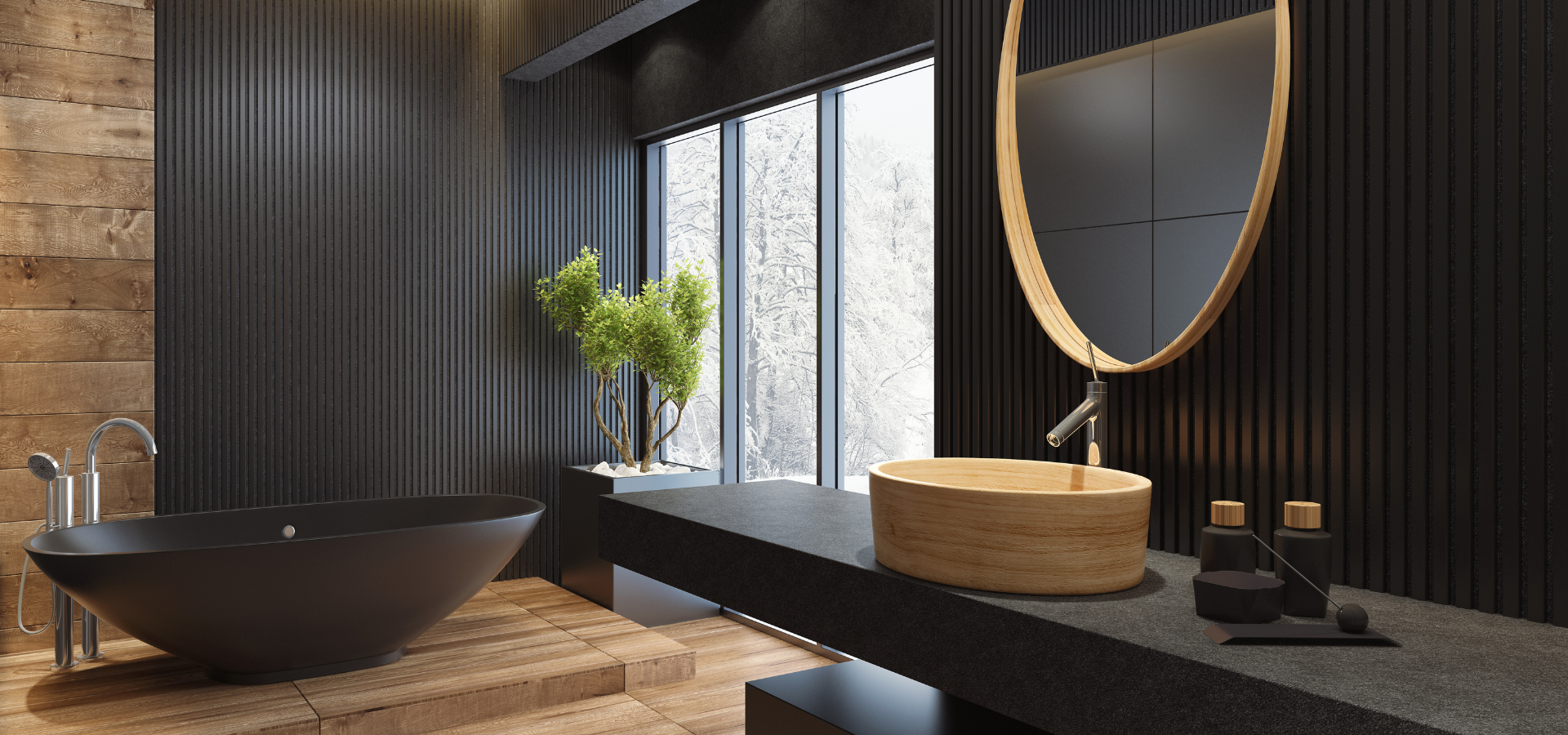 Black minimalist bathroom with wood elements, designed and created by Denver Bathroom Pros