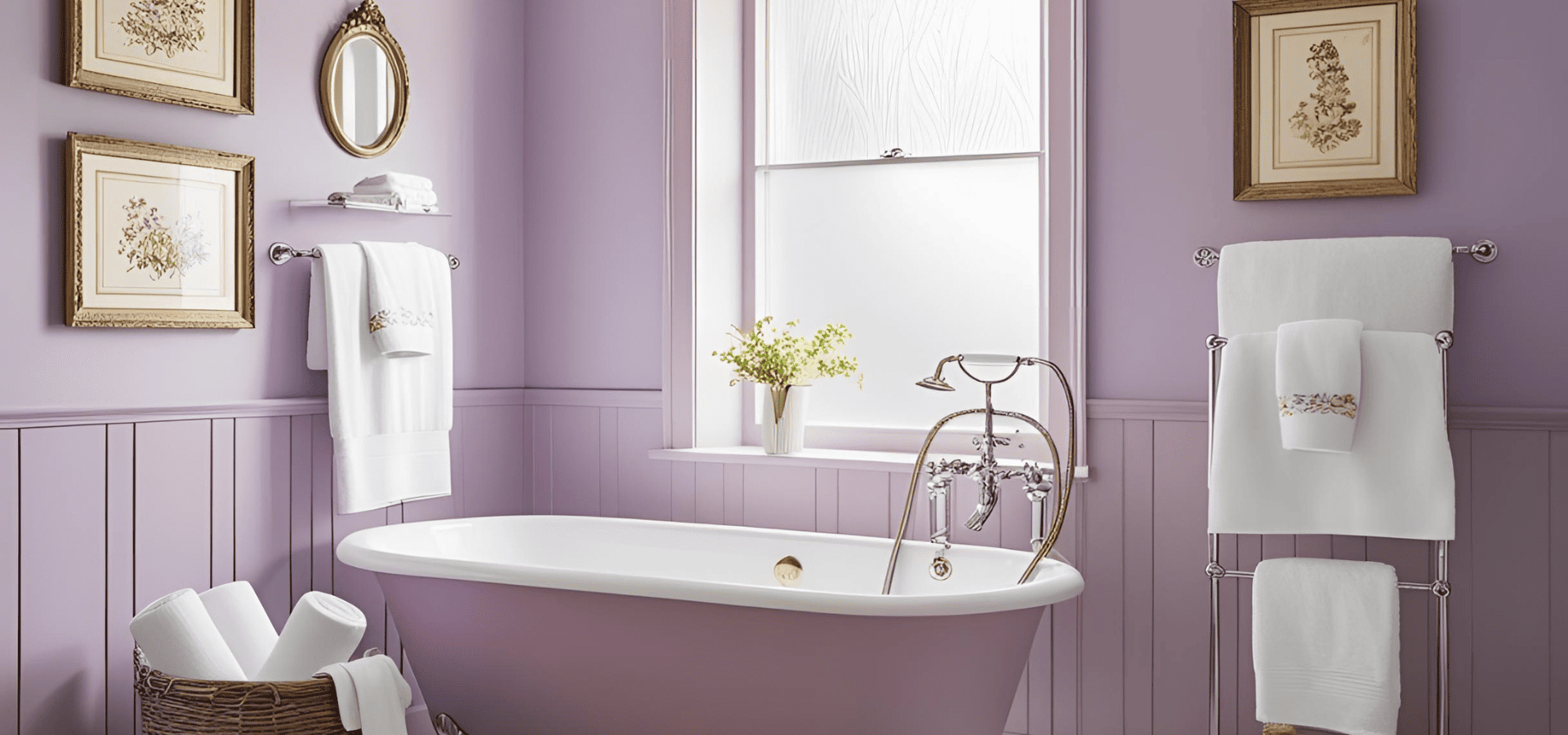 Newly painted bathroom painted in purple for a feminine aesthetic