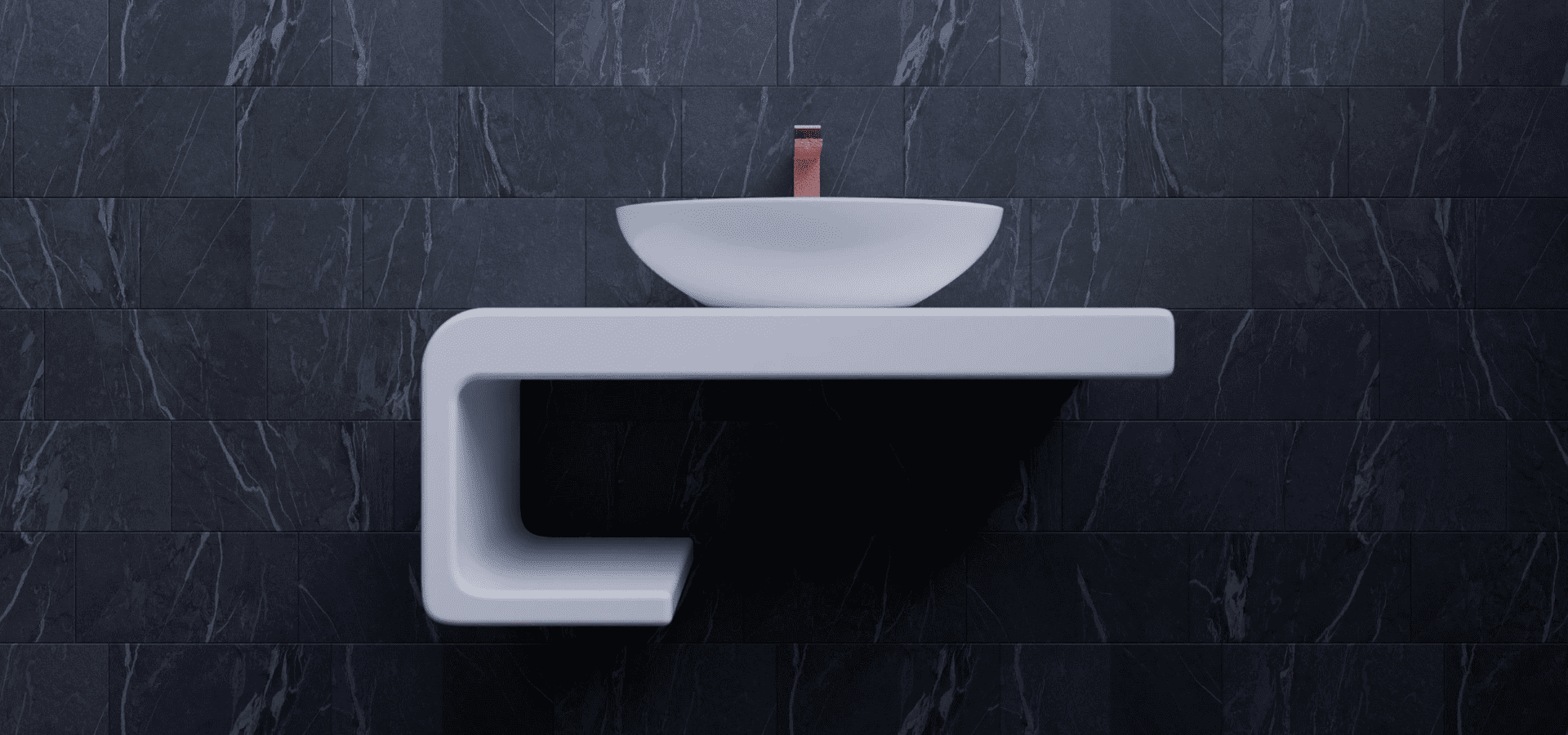 White roll-under ready sink in a black minimalist bathroom