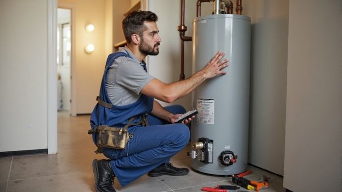 Technician kneeling beside a water heater, inspecting it with tools in a utility room.