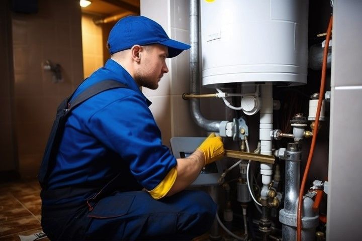 Technician in blue uniform checks water heater and pipes in a utility room
