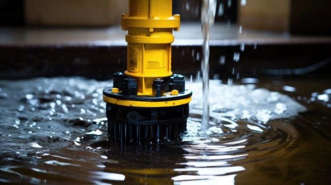 Yellow industrial pump or hose in dark water, creating ripples and splashing.