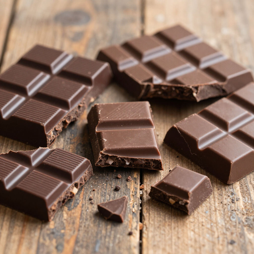 Barras de chocolate con leche rotas sobre una mesa de madera con trozos esparcidos.