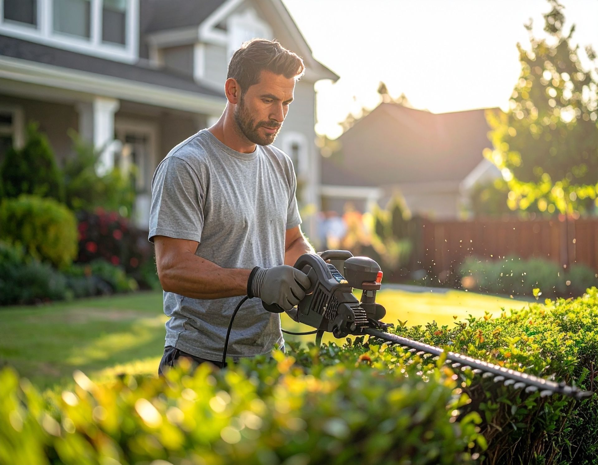Man trimming a green hedge with an electric trimmer in a sunny yard.